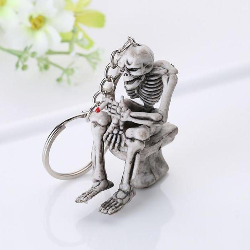 2 Pcs Skeleton On Toilet Key Chain Key Ring Novelty Gift Rubber / Metal Ring