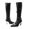 Fashion Autumn Special Heel Spice Girl High Heel Boots Pointed Toe Metal Buckle Side Zipper No Knee High Fashion Leather Boots
