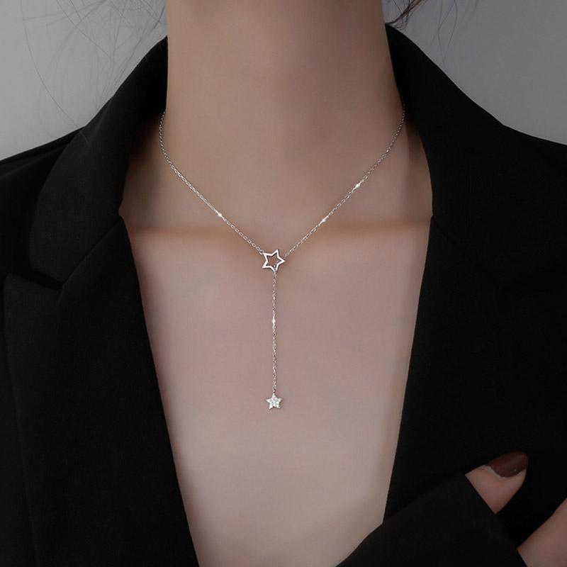 Изысканное ожерелье из стерлингового серебра 925 пробы с пятиконечной звездой для женщин, блестящая циркониевая подвеска со звездой, цепочка на ключицу для девочек