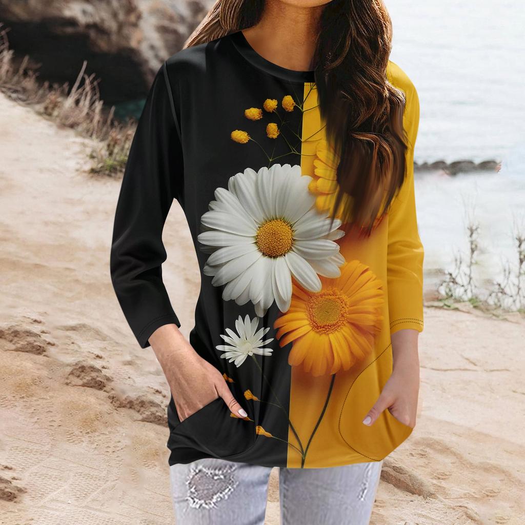 Women's Fashion Casual Round Neck Print 3/4 Sleeve Pocket T-Shirt Top
