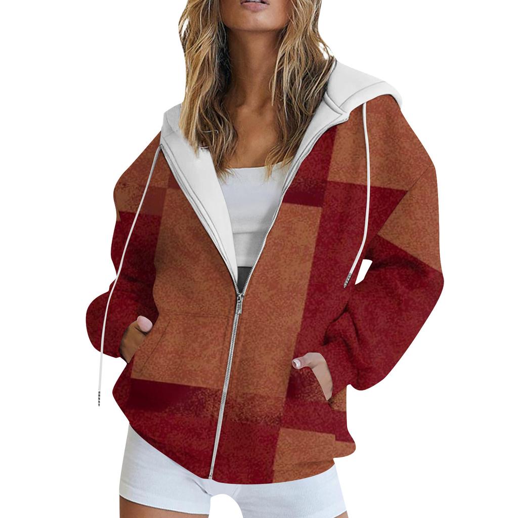 Women's Long Sleeve Print Sweatshirt Long Sleeve Pocket Jacket Zipper Hoodie Coat