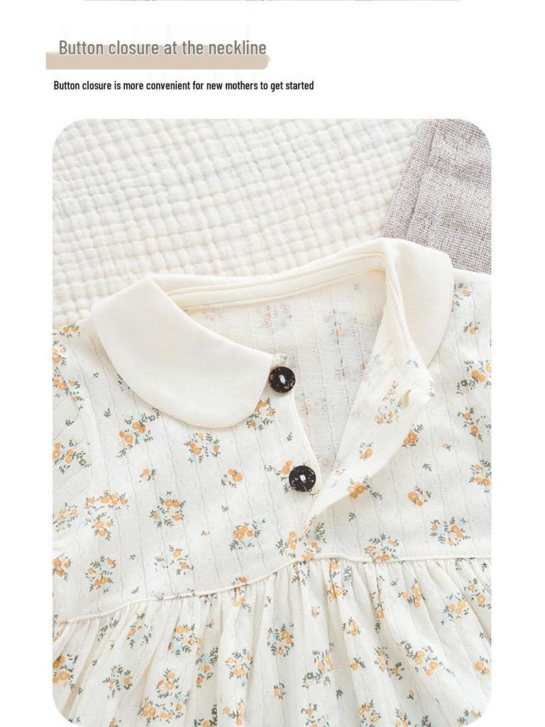 Летний хлопковый комплект из двух предметов для девочек с цветочным принтом: Дышащая, Ультратонкая футболка с коротким рукавом и увеличенной областью для подгузника для младенцев