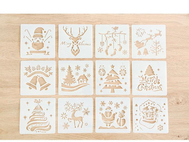 8/12/16pcs Christmas Painting Templates Stencils Xmas Tree Balls Snowflake Pattern DIY Craft Gift Boxes Walls Floor Art Painting