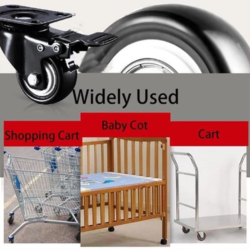 4 шт. Бесшумные колеса с двойными роликами, Двойные шариковые подшипники, Черные поворотные с тормозом, Колеса для тележки 1,5" - 2"