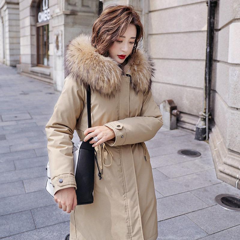 Women Fall Winter Jacket Coat Parka Thicken Cotton Liner Medium Long Hooded Fur Collar Adjustable Waist Solid Color M-6XL