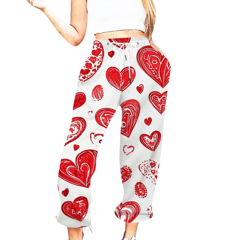 Женская повседневная мода День святого Валентина Повседневные брюки с принтом Спортивные брюки Брюки с эластичной резинкой на талии со шнурком Брюки со шнурком
