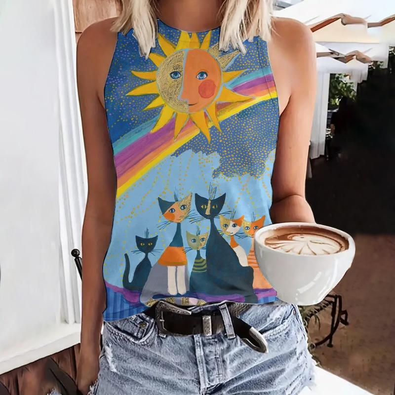 Summer Funny Face Cat 3D Print Tank Tops Women Fashion Streetwear Oversized O-Neck Oest Off Shoulder Sleeveless Woman Camisole