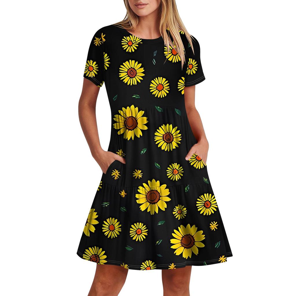 Женское повседневное модное платье-миди с круглым вырезом и коротким рукавом с принтом и карманом