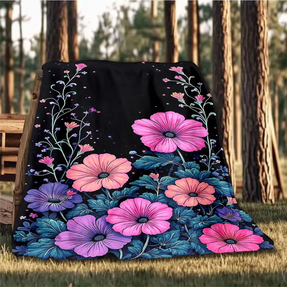 1pc Floral Outdoor Blanket - Soft Flannel Cozy for Travel & Camping - All-Season Warm Bed Cover, Machine Washable yy251229061