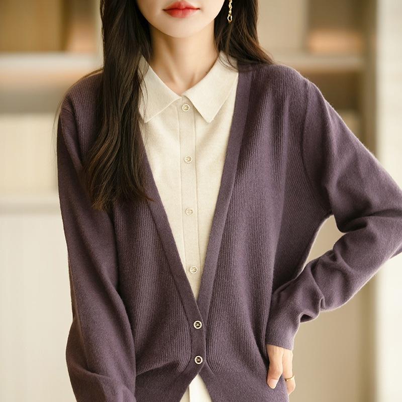Women S V Neck Long Sleeve Fake Two Piece Knit Cardigan Casual Outerwear