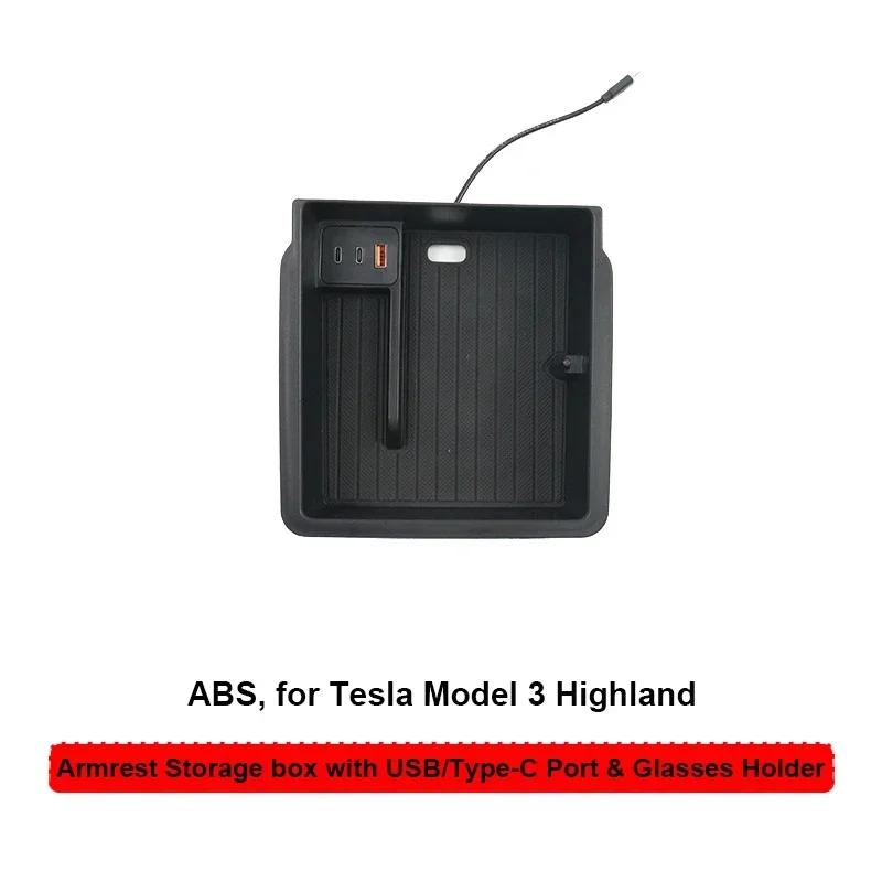 For Tesla Model Y L Juniper 2025 Center Control Armrest Storage Box YL 3 Highland USB Type C Charging Hub Glasses Clip Organizer