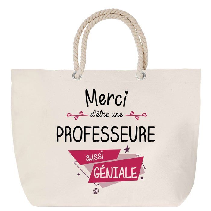 Sac de plage - PLANETEE - Merci Professeure Géniale - Coton - Anse corde - Grand format multicolore