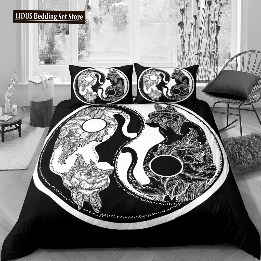 Инь и Ян Госип Полиэстеровый пододеяльник Кинг-сайз Экзотический стиль Абстрактное искусство Китайские традиции Постельное белье Комплект для детей Мальчиков Мужчин
