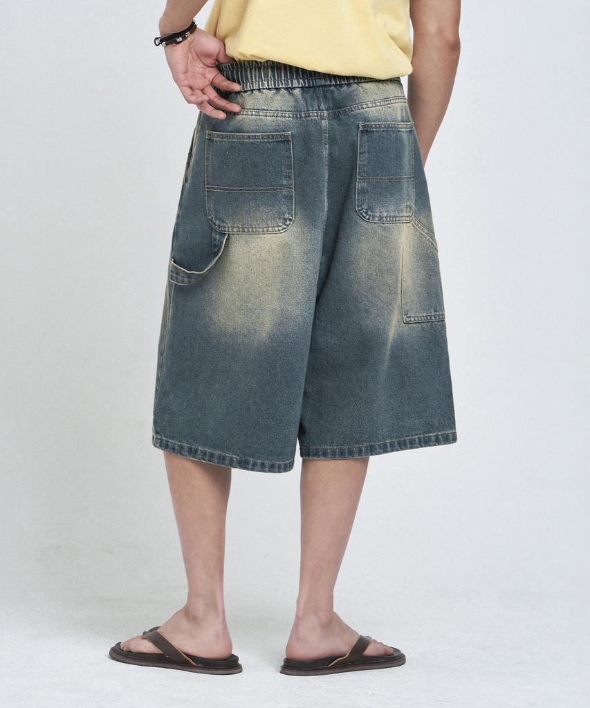 LEMAIN SECOND Bermuda Wide One-Pleat Carpenter Denim Elastic Shorts [Sand Blue]