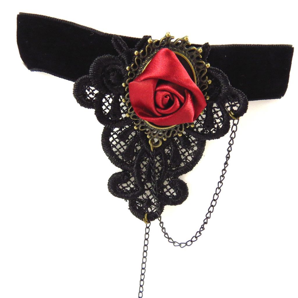 Les Trésors De Lily [K6570] - Красно-черный дизайнерский комплект «Куртизанки» (бархатное кружево) (кольцо-браслет + цепочка на щиколотку)