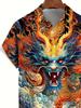 Vintage Dragon Print Men's Plus Size Button-Up Pocket Shirt, PLUS SIZE