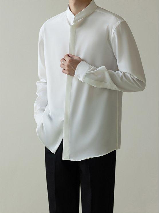 Мужская осенняя легкая рубашка с длинным рукавом из нежелезного шелка Ice Silk, облегающая, без железа - тренд в корейском стиле