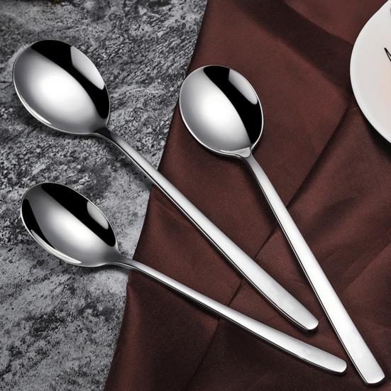 Ложка для супа из нержавеющей стали Прочные нержавеющие десертные столовые ложки Удобная ручка Ложки с круглыми краями для кухни Ресторан Банкет Пикник