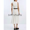 Summer New Product Women's Clothes Minimalist Round Neck Sleeveless Contrast Color Trim Belt Midi Skirt Dress 8552957
