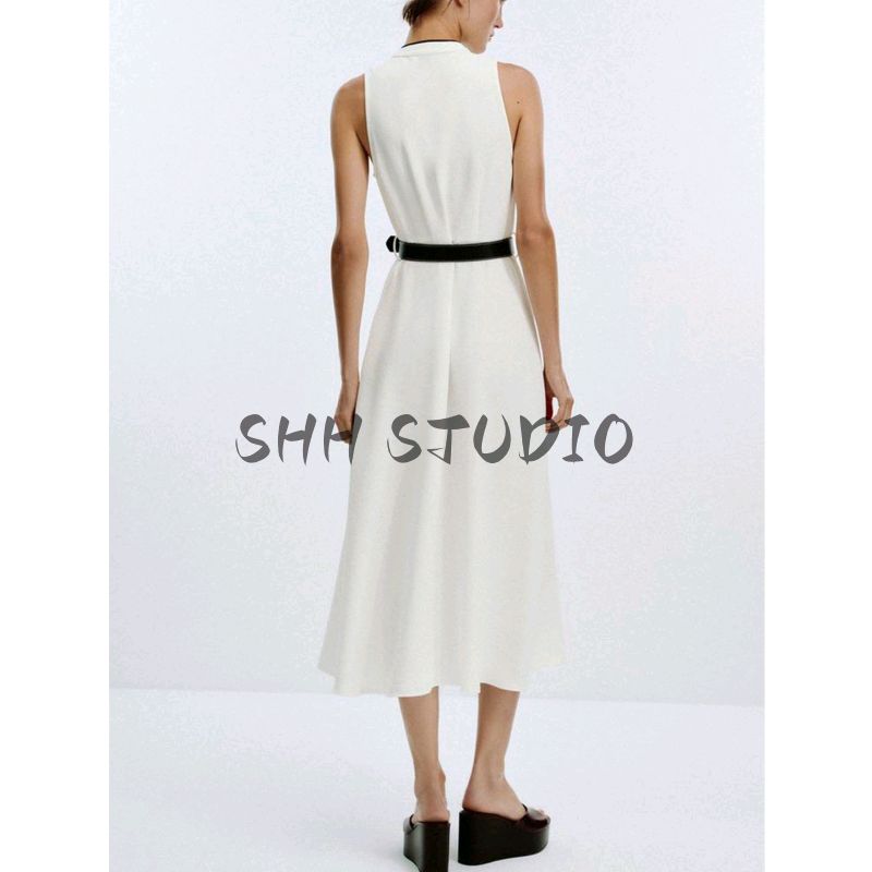 Summer New Product Women's Clothes Minimalist Round Neck Sleeveless Contrast Color Trim Belt Midi Skirt Dress 8552957