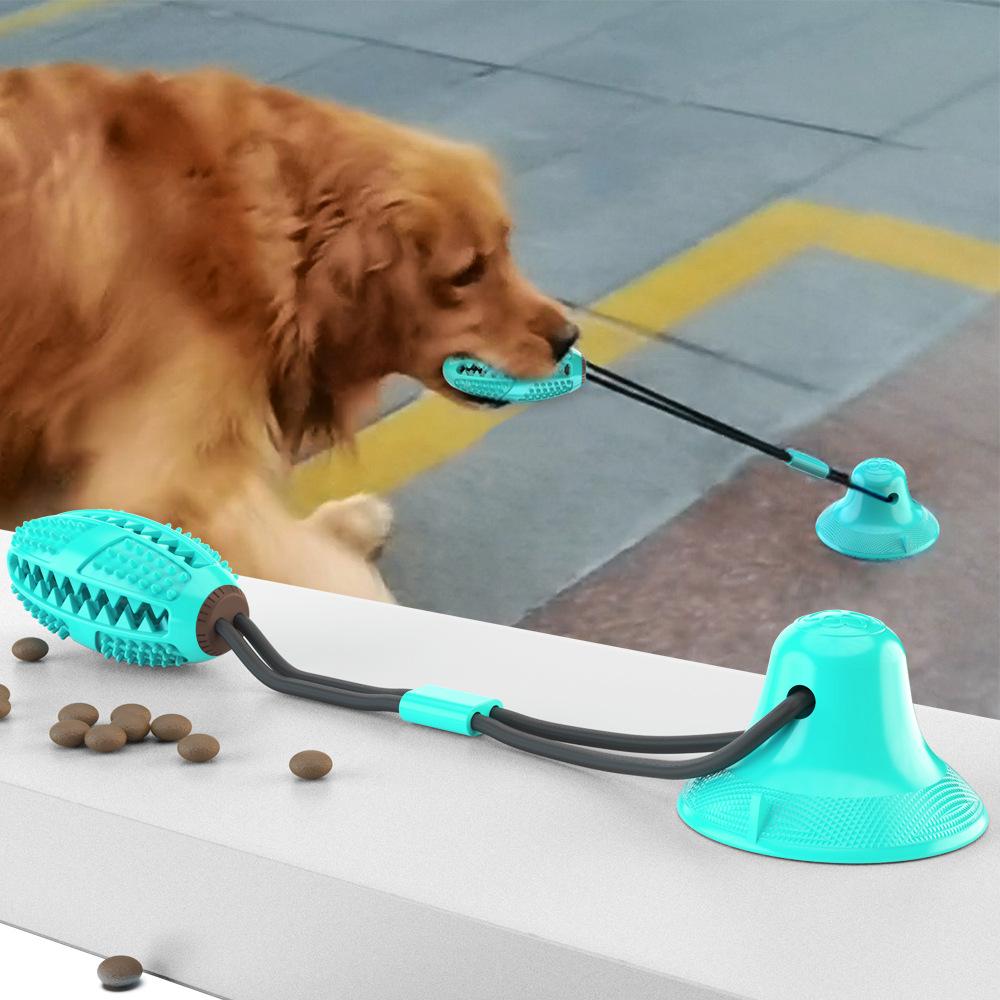 1PC Dog toys with suction cups, pull ropes, food-dispensing balls, and TPR pet teething toys.