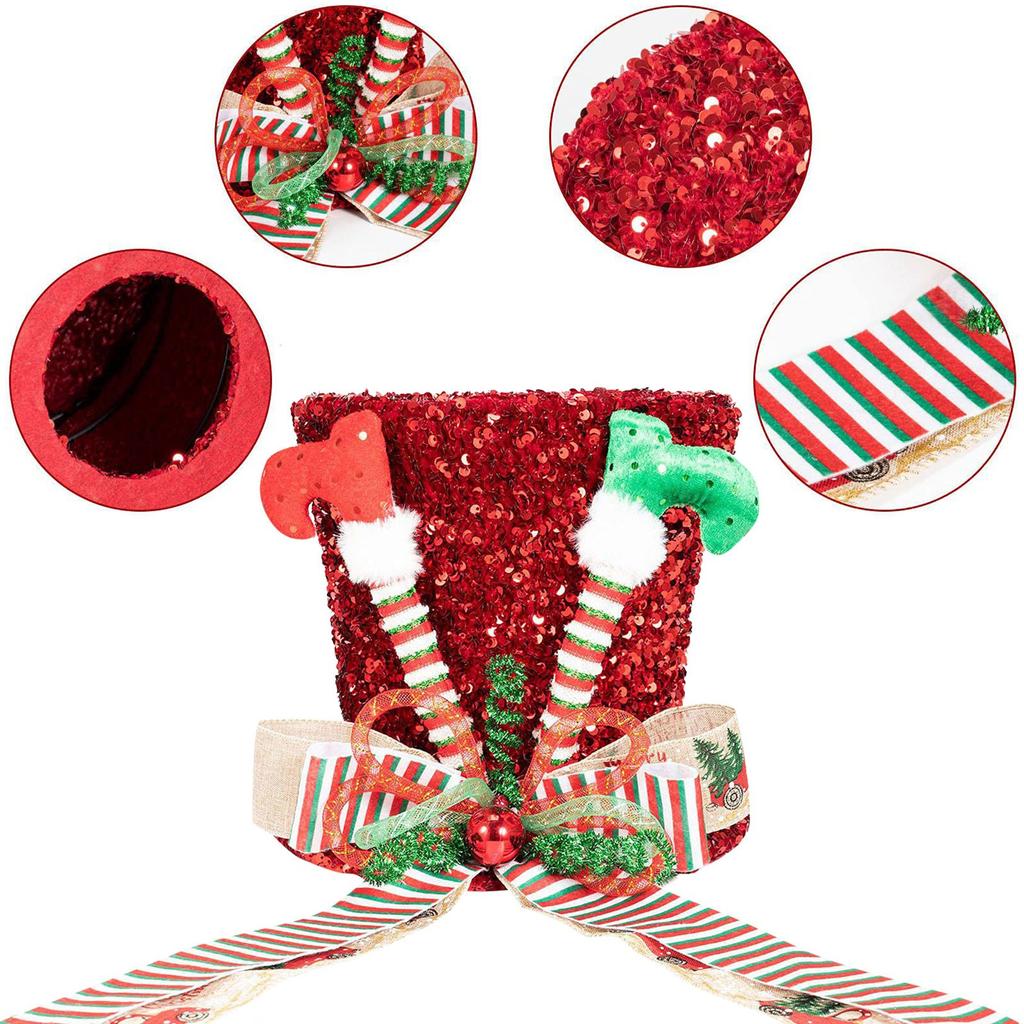 Рождественская шляпа-верхушка для елки, забавная шляпа-верхушка для елки с ножками, красная шляпа-котелок с блестками и удлиненной лентой-бантом, украшения для елки