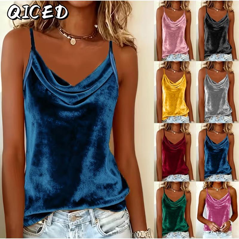 QICED Women's Fashion Casual Solid Color Print Sleeveless V-Neck Blouses & Shirts
