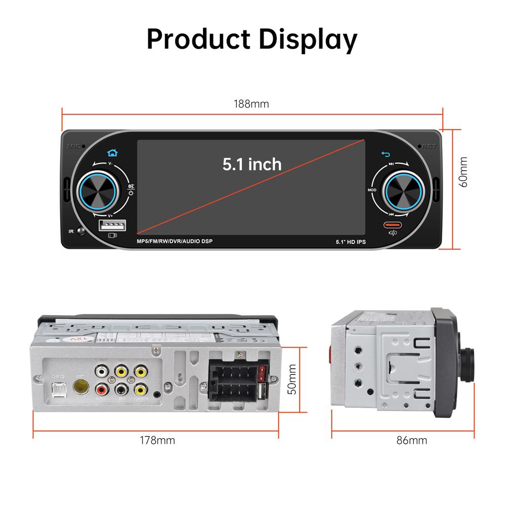 Универсальная 1DIN автомагнитола MP5 IPS HD Плеер с поддержкой беспроводного Carplay Android Auto Bluetooth FM AM RDS Стерео USB WIFI Видеоплеер 5,1-дюймовый цифровой дисплей