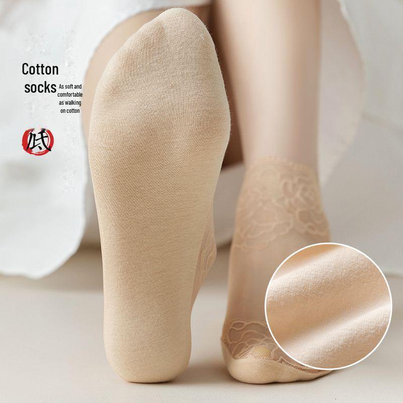 Women's Summer Rose Lace Cotton Socks - Black, Breathable, Thin, Short Stockings