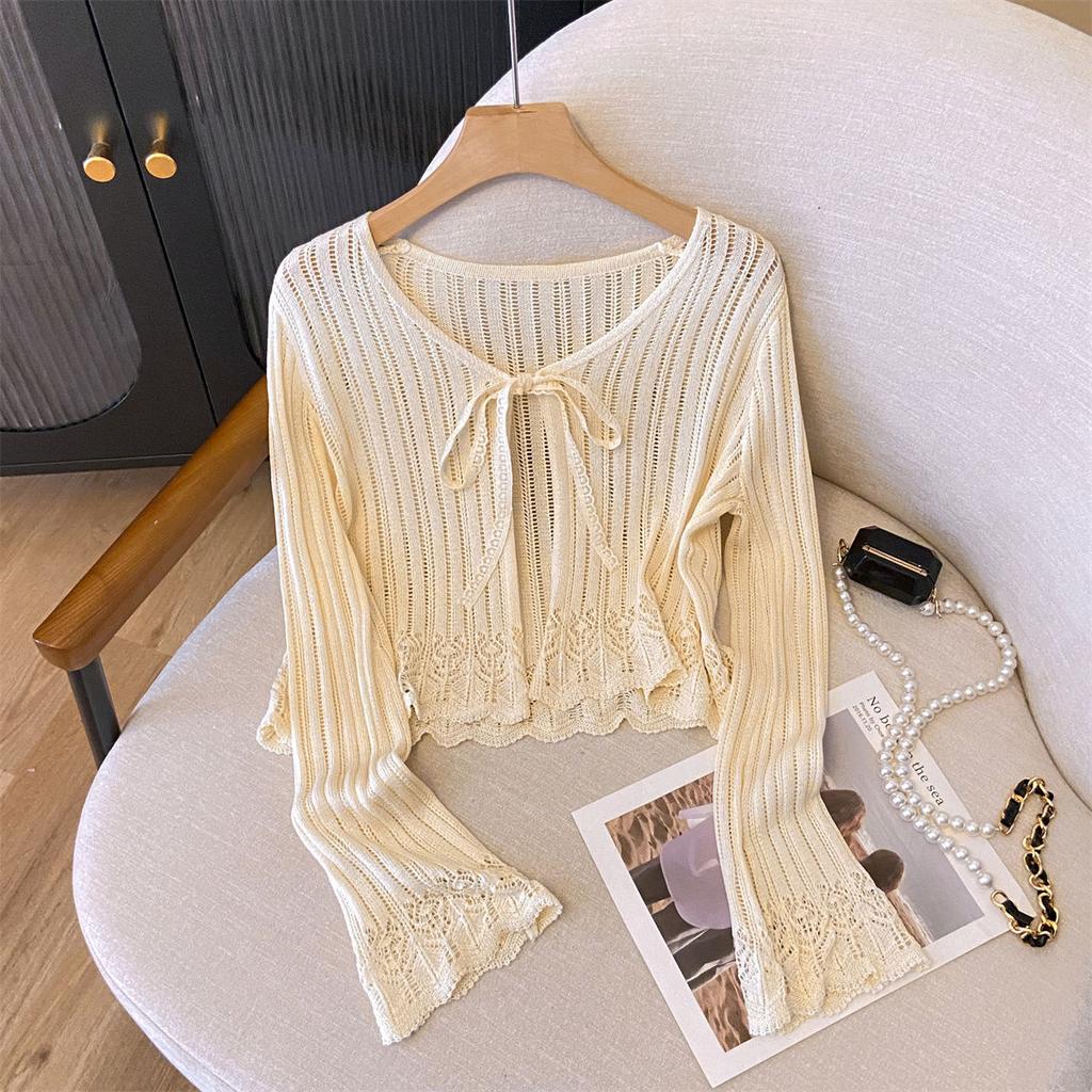 Короткий кардиган с ажурной вязкой для женщин, летняя тонкая рубашка с солнцезащитным кремом, нежный топ