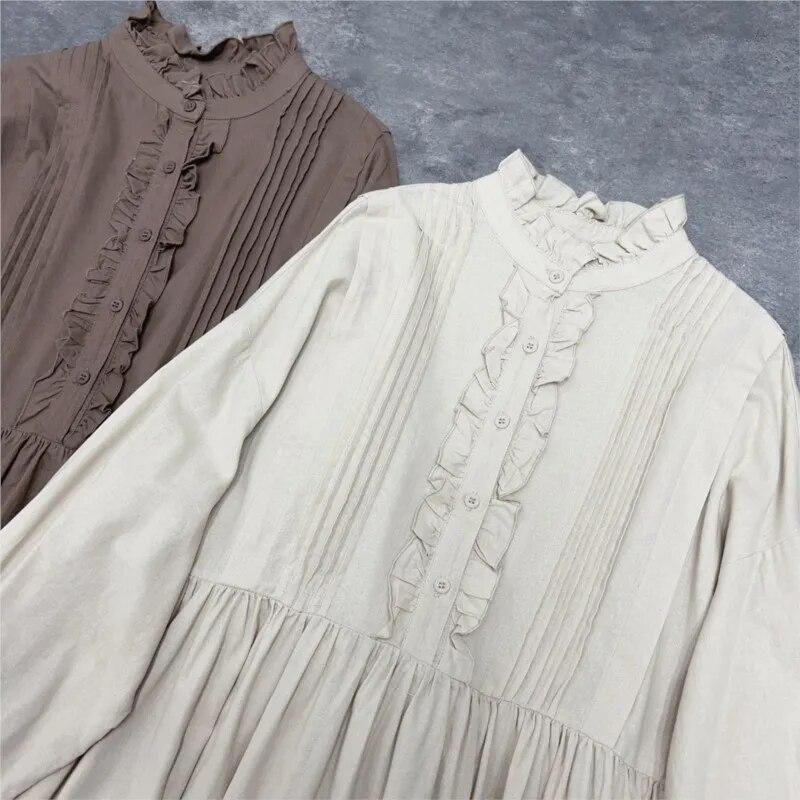 Japanese Spring Pleated Forest Dresses Casual Retro Ruffles Collar Cotton Loose Simple Women Dress