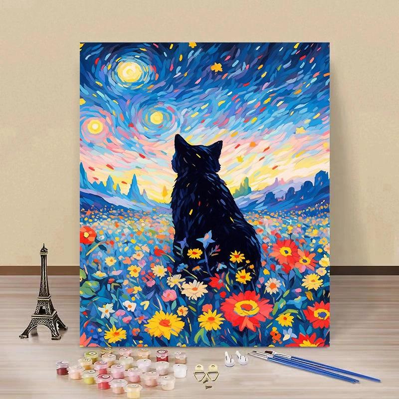 Кошка Звездное Небо DIY Цифровая Масляная Живопись Ручная Раскраска Декоративная Картина Набор Цветочная Кошка Ручная Рисовка Пейзаж Масляная Живопись