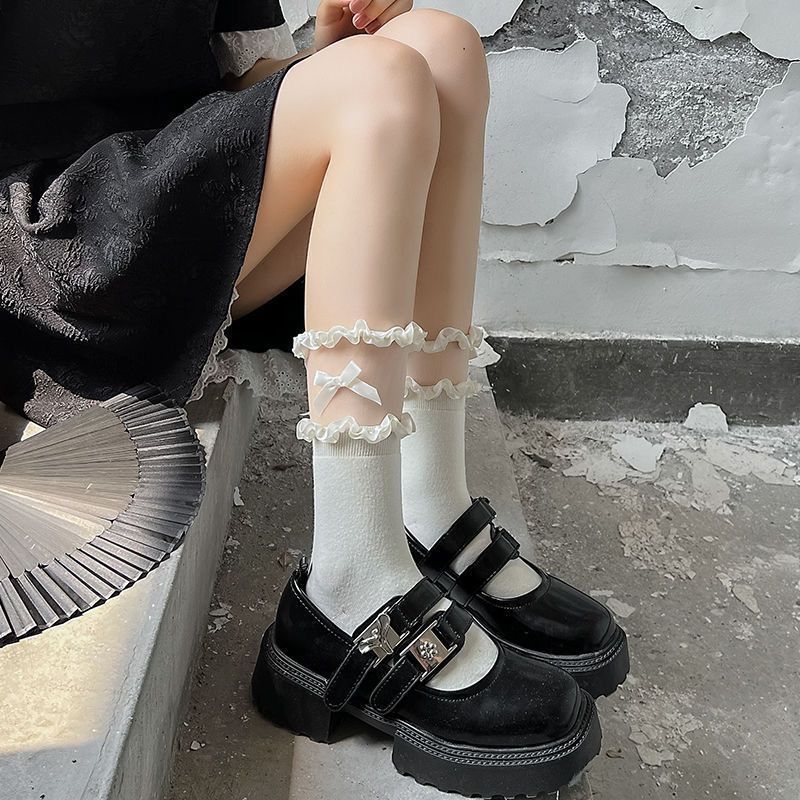 Женские модные весенне-осенние новые кружевные носки до икры с кружевным бантом