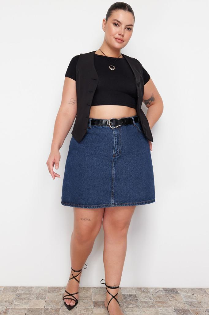 Женская стильная джинсовая юбка большого размера черного цвета с высокой талией