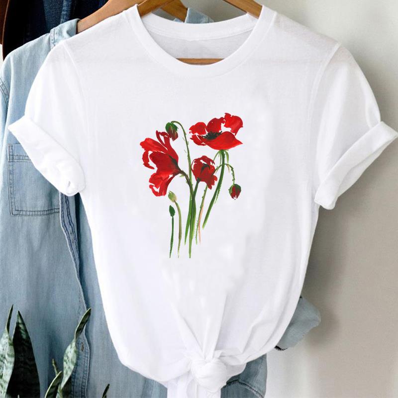 (Asian Size) Tee Top Fashion Love Letter Watercolor Flower T Shirt Women Print Lady Female Clothing Casual Short Sleeve Graphic T-shirt