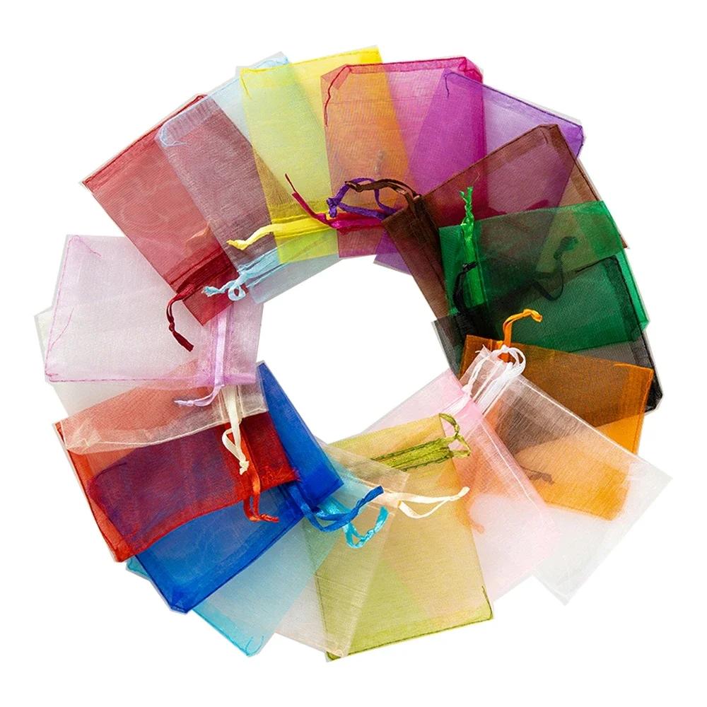 100 шт. Прозрачные мешочки из органзы, Однотонные мешочки для свадебных подарков с кулиской, Сетчатые подарочные мешочки для ювелирных изделий, Рождественские мешочки для конфет