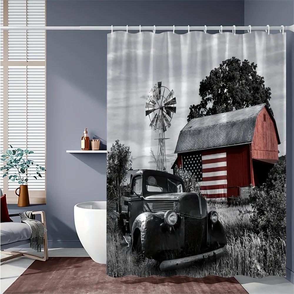 Vintage Farm Scene Bath Curtain - American Flag, Barn, Classic Truck; Waterproof & Rustic Home Decor Adds Charm to Bathroom.