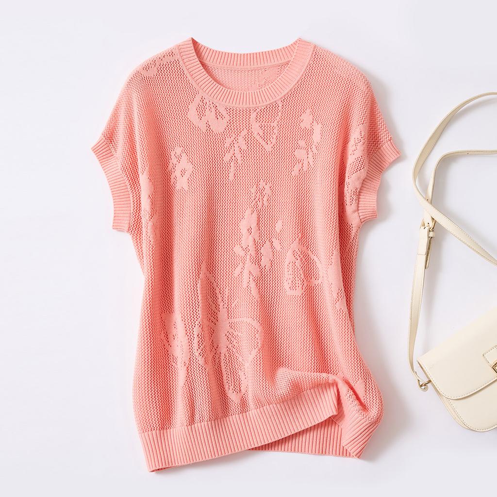 [Jacquard] Round neck solid color raglan sleeve T-shirt for spring and summer new style, hollowed out simple silk containing women's knitted sweater