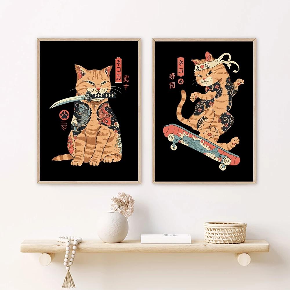Японский самурайский кот, настенное искусство Неко Рамен, холст, картина, мультяшный постер с животными, фотографии, украшение для дома, ресторана, бара, Куадрос