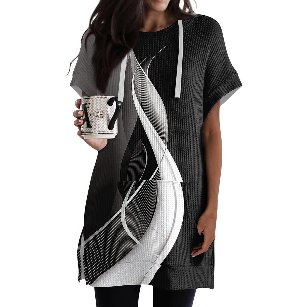 Женские свободные рубашки с принтом, толстовки с короткими рукавами и шнурком, вязаная туника с боковыми разрезами, топы с капюшоном и карманом