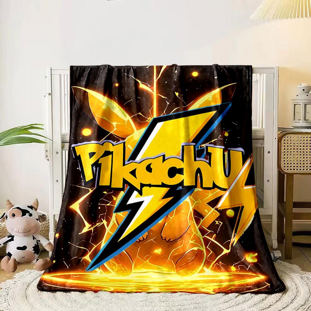 Yellow lightning bolts and glowing effects surrounding Pikachu text art. for all seasons blanket lunch break throw gift