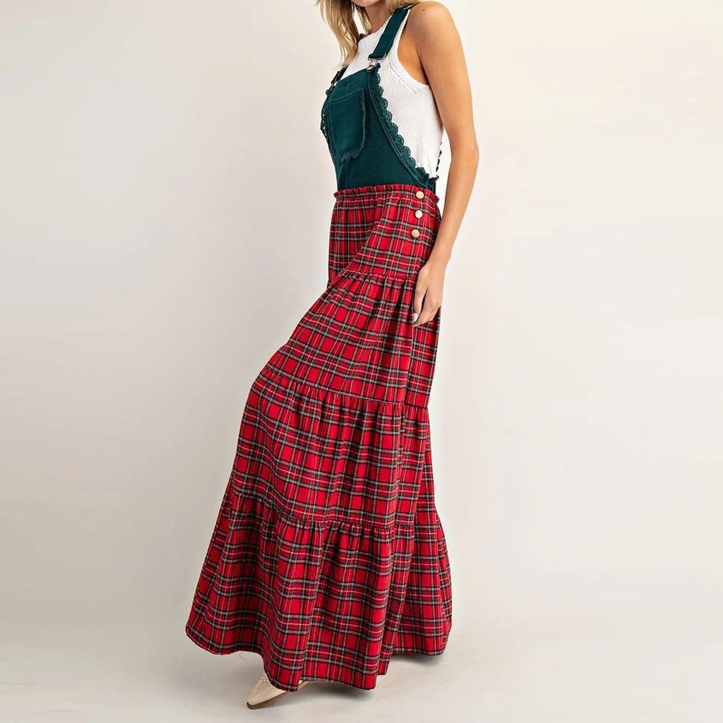 Women's Fashion Ruffled Pocket British Vintage Check Wide-Leg Colour-Blocking Suspender Jumpsuit