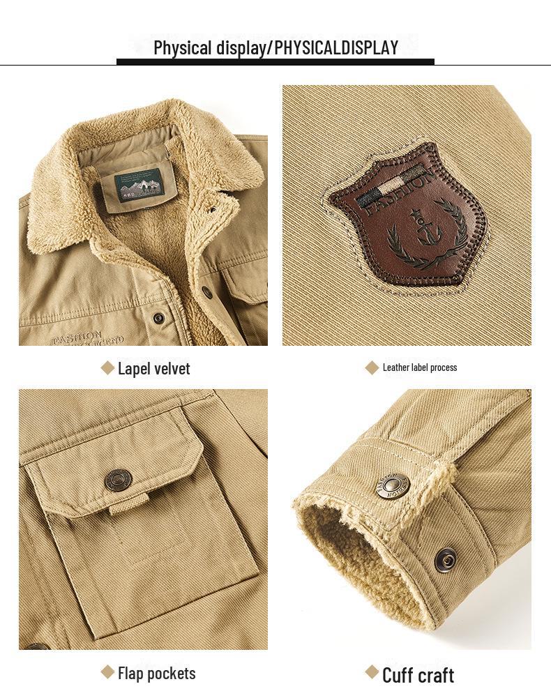Men's Winter Lambskin Lapel Workwear Jacket - Plus Velvet, Large, Loose, Warm, Thickened Cotton Coat