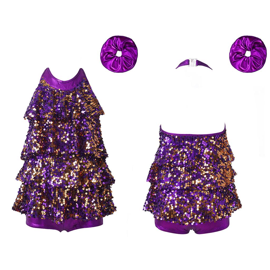 Kids Dance Leotard Halter Neck with Shiny Sequins Ruffles for Jazz Latin Performance Costume