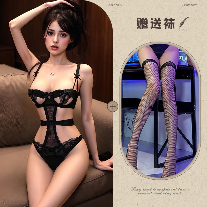 Sexy lingerie suspender onesie lace seduction uniform hollow sexy small chest women with steel ring