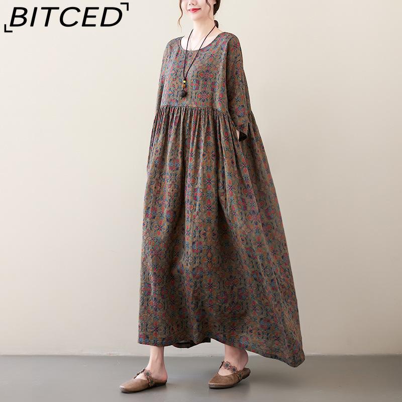 Летнее литературное винтажное женское хлопковое платье А-силуэта с круглым вырезом Платья больших размеров