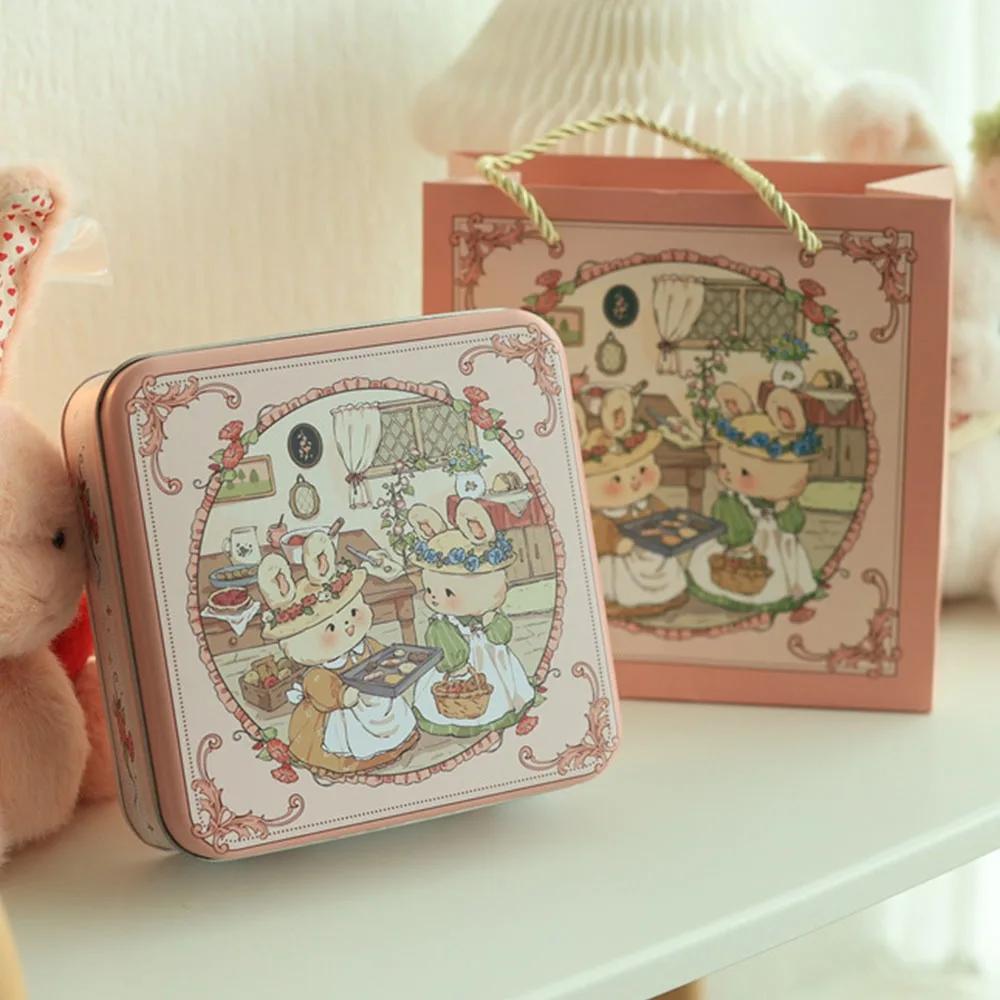 Durable Cartoon Rabbit Iron Box Multicolor 17*17*6cm Metal Storage Box with Lid Square Candy Box Money Contain