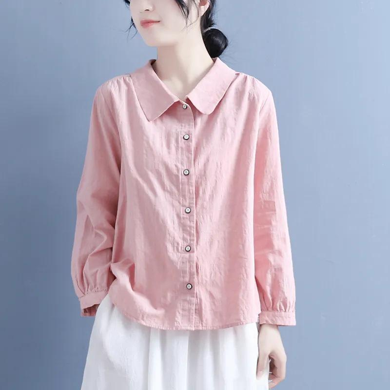 Женская однотонная рубашка из хлопка и льна с длинным рукавом — легкая, повседневная, весна 2024 г.