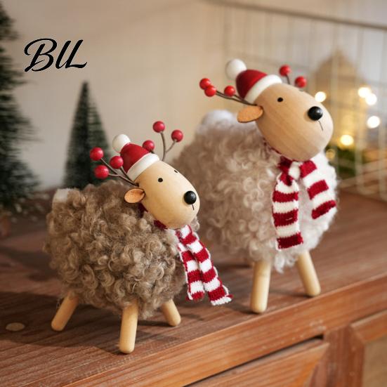 Durable Wood Tabletop Decor Wooden Christmas Sheep Figurine with Scarf Santa Hat, Plush Fleece Cute Animal Table Decorations Lamb Ornament,