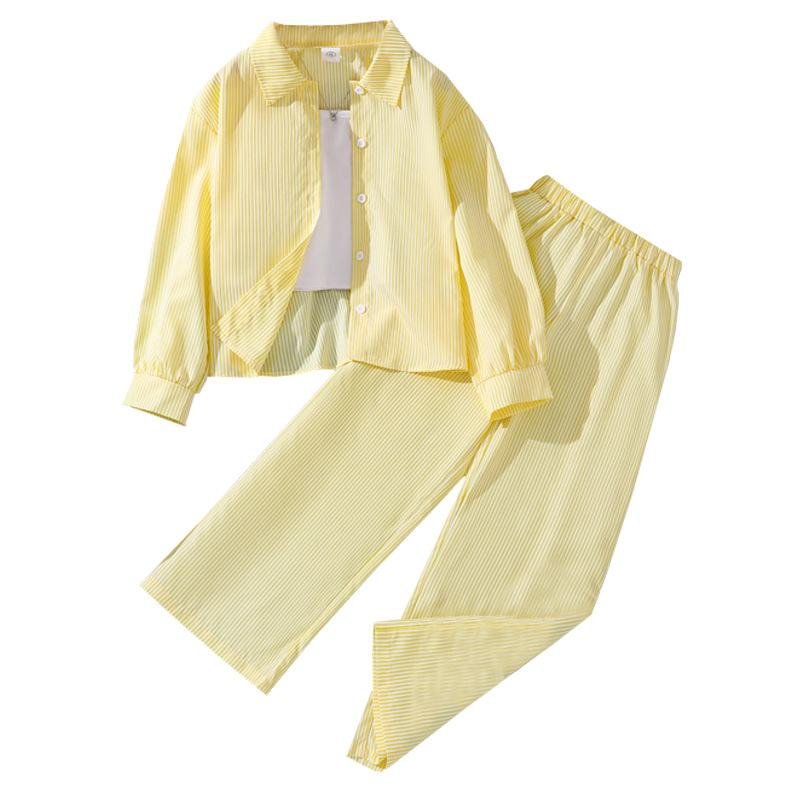 Модный костюм для девочек 2025 года, детская повседневная полосатая рубашка с длинными рукавами и брюки